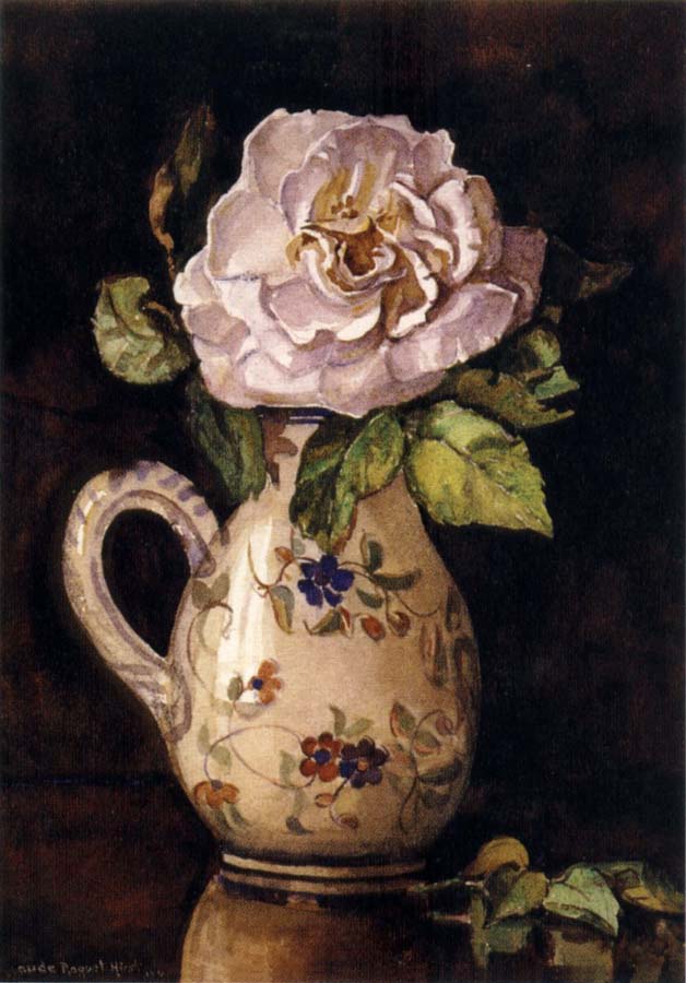 Hirst, Claude Raguet White Rose in a Glazed Ceramic Pitcher with Floral Design